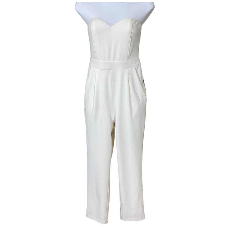 Express Strapless Lined Ivory Jumpsuit Exposed Back Zip Pockets Boning Sz O NWT